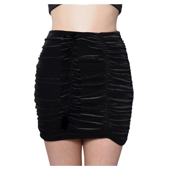 Solid Jet Black Sexy Ruched Velvet Mini Skirt Zip Back Stretch Medium - Picture 13 of 13